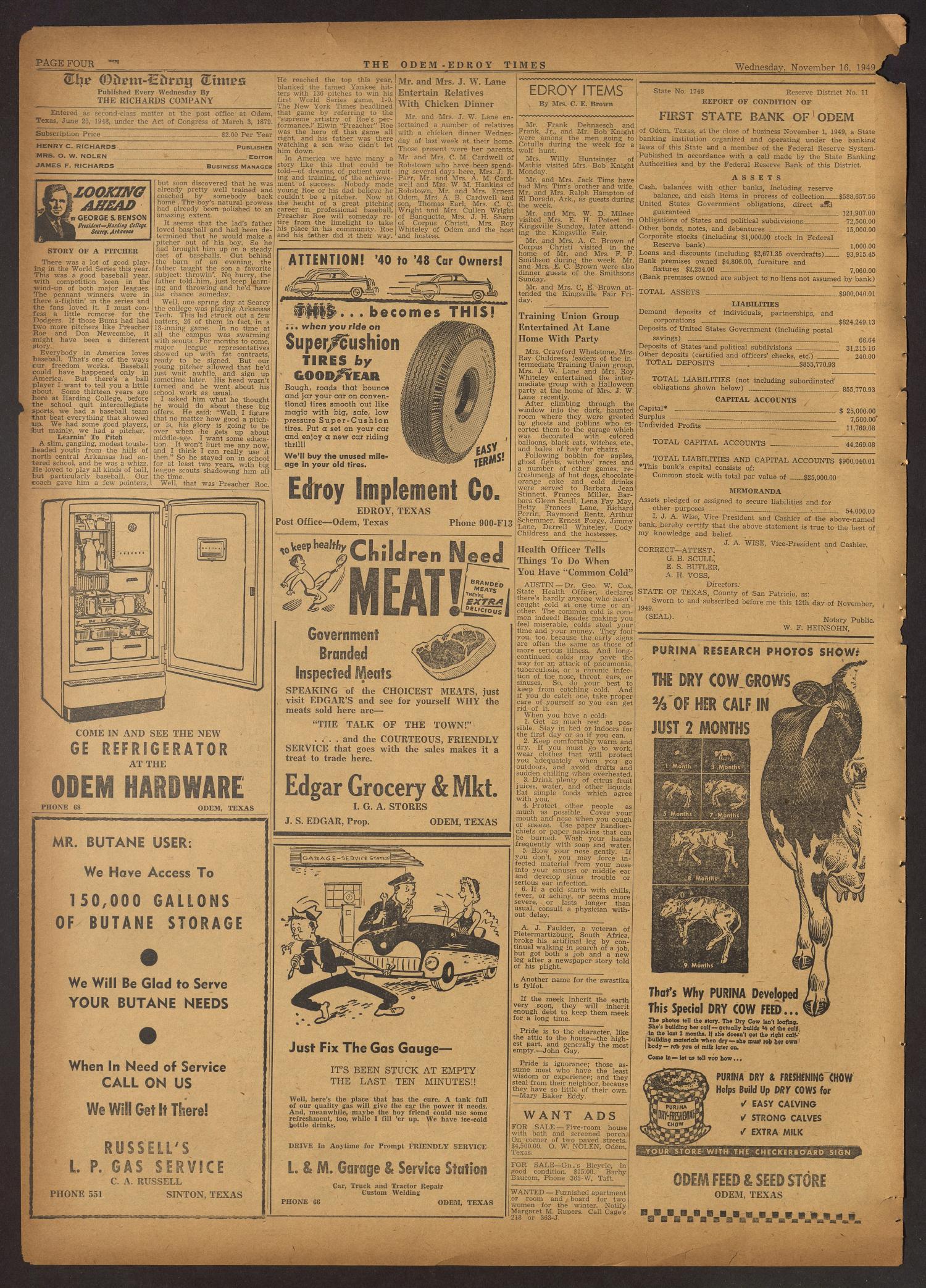 The Odem-Edroy Times (Odem, Tex.), Vol. 2, No. 23, Ed. 1 Wednesday, November 16, 1949
                                                
                                                    [Sequence #]: 4 of 8
                                                