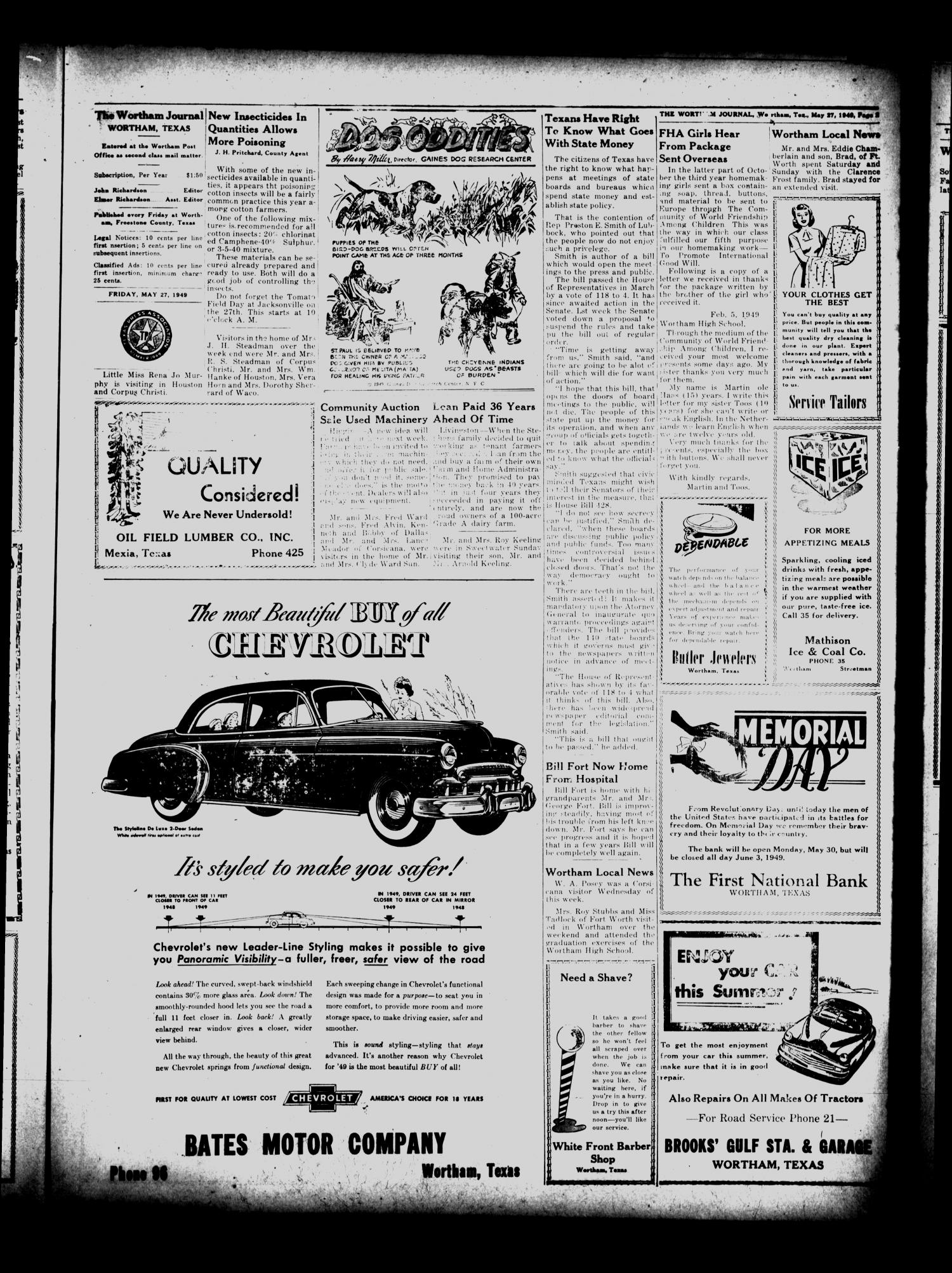 The Wortham Journal (Wortham, Tex.), Vol. 51, No. 4, Ed. 1 Friday, May 27, 1949
                                                
                                                    [Sequence #]: 3 of 4
                                                