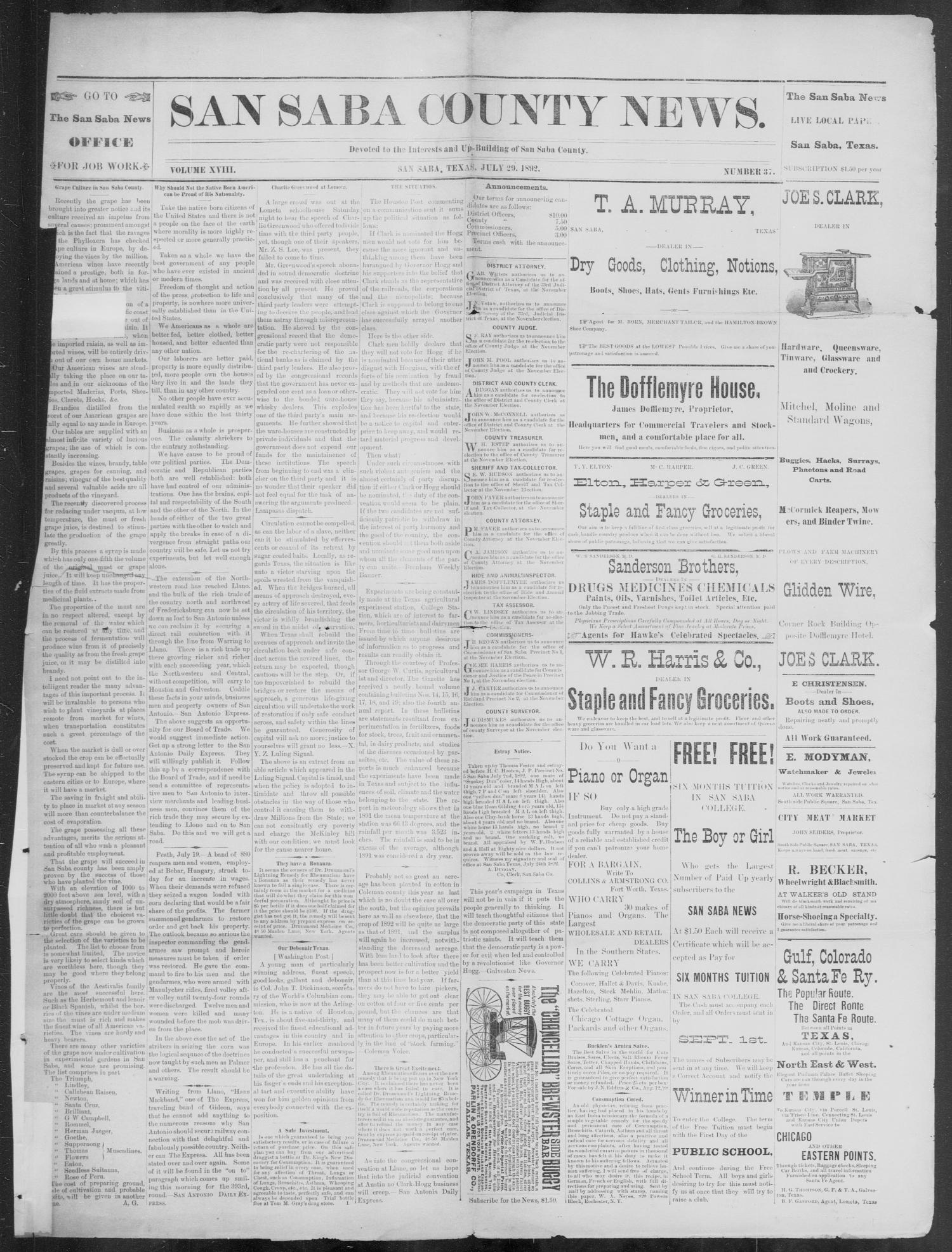 The San Saba County News. (San Saba, Tex.), Vol. 18, No. 37, Ed. 1, Friday, July 29, 1892
                                                
                                                    [Sequence #]: 1 of 4
                                                