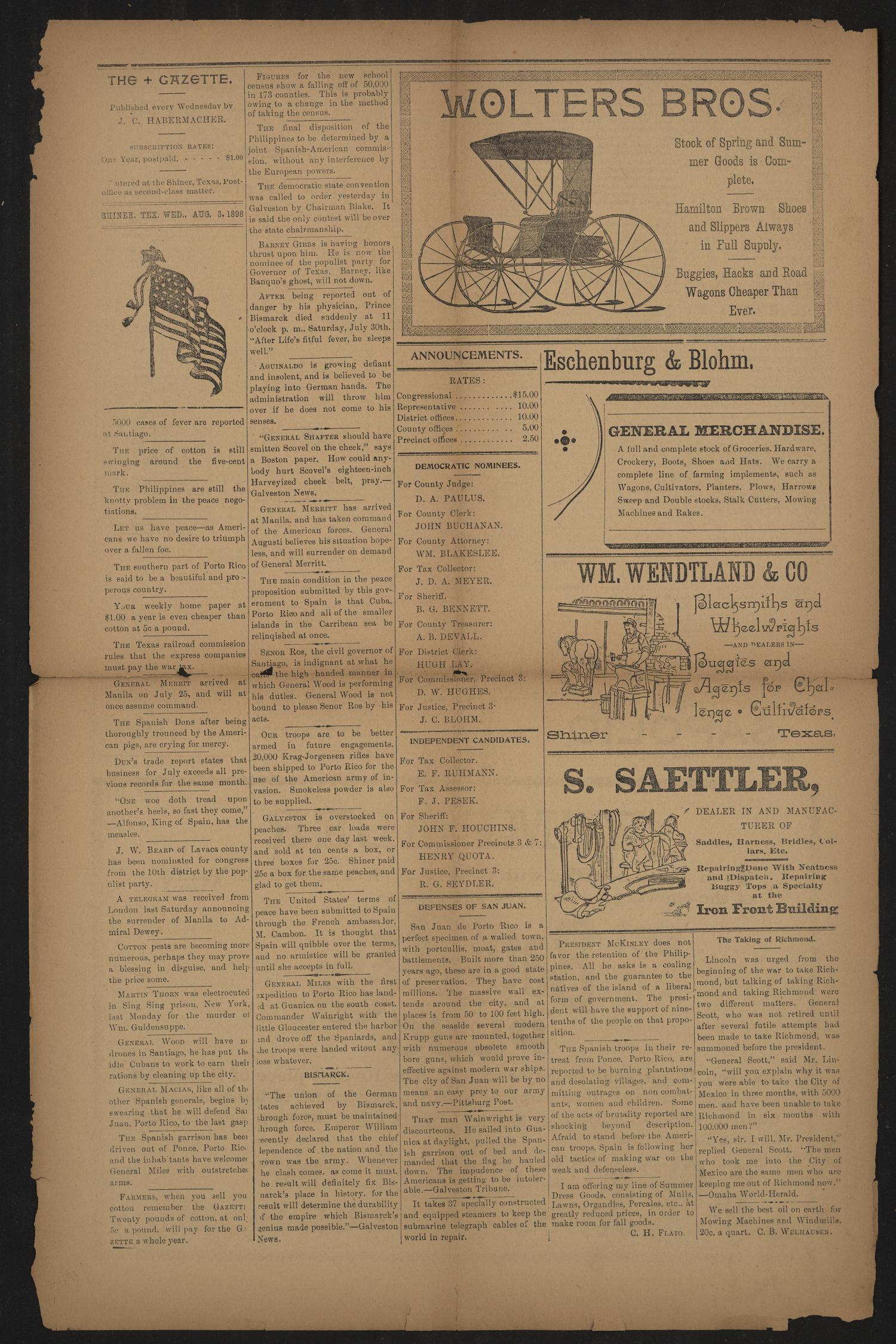 Shiner Gazette. (Shiner, Tex.), Vol. 6, No. 10, Ed. 1 Wednesday, August 3, 1898
                                                
                                                    [Sequence #]: 4 of 8
                                                