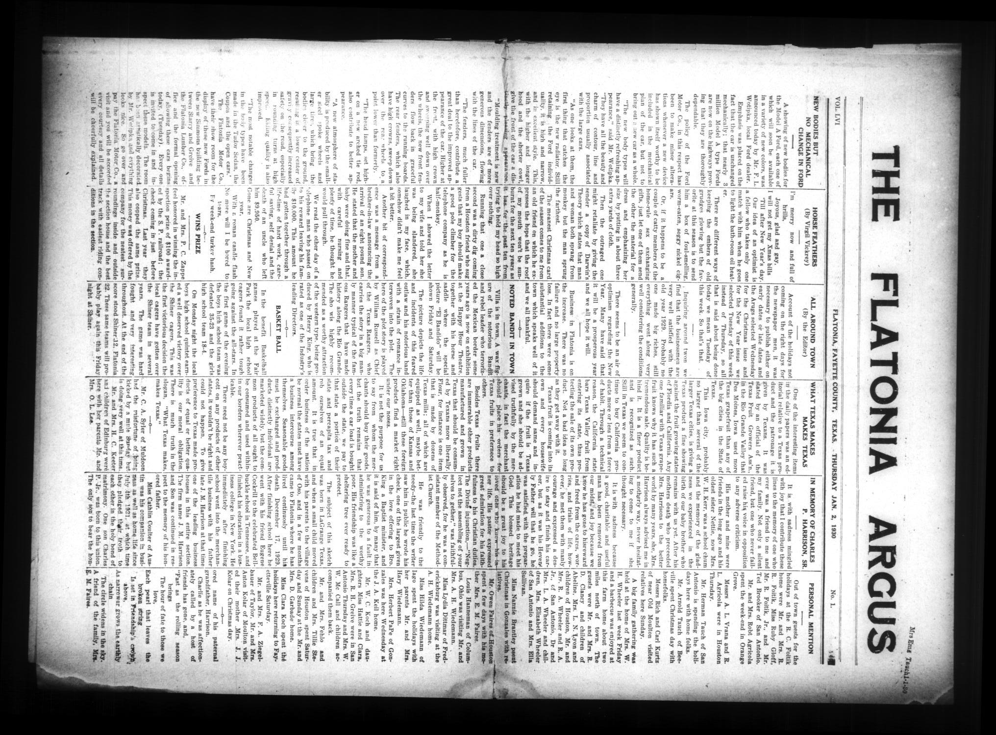 The Flatonia Argus (Flatonia, Tex.), Vol. 56, No. 1, Ed. 1 Thursday, January 2, 1930
                                                
                                                    [Sequence #]: 1 of 8
                                                