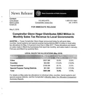 [News Release: Comptroller Distributes Sales Tax Revenue, May 9, 2018]