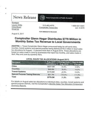 Primary view of object titled '[News Release: Comptroller Distributes Sales Tax Revenue, August 9, 2017]'.