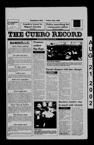 Primary view of object titled 'The Cuero Record (Cuero, Tex.), Vol. 108, No. 34, Ed. 1 Wednesday, August 21, 2002'.