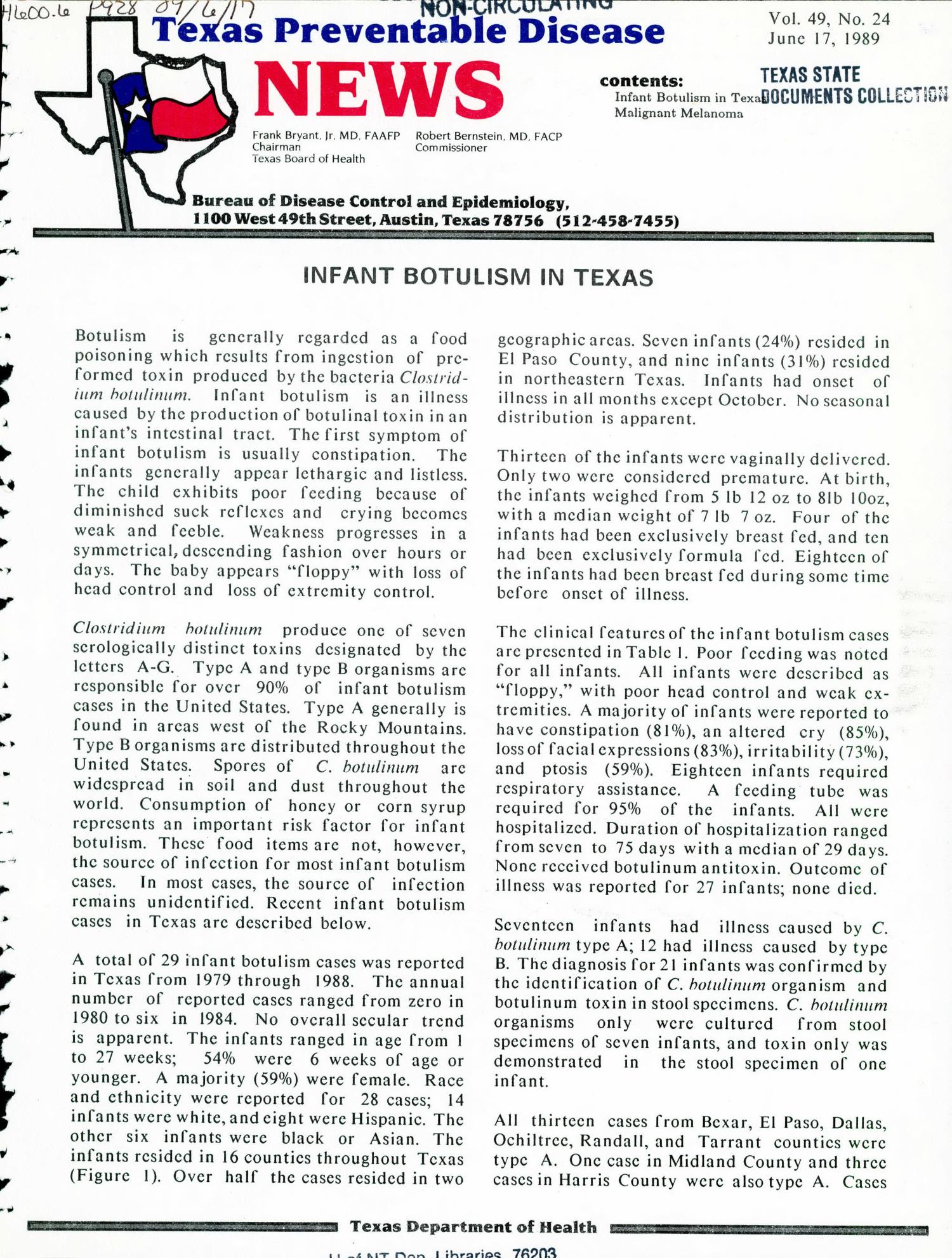 Texas Preventable Disease News, Volume 49, Number 24, June 17, 1989
                                                
                                                    FRONT COVER
                                                