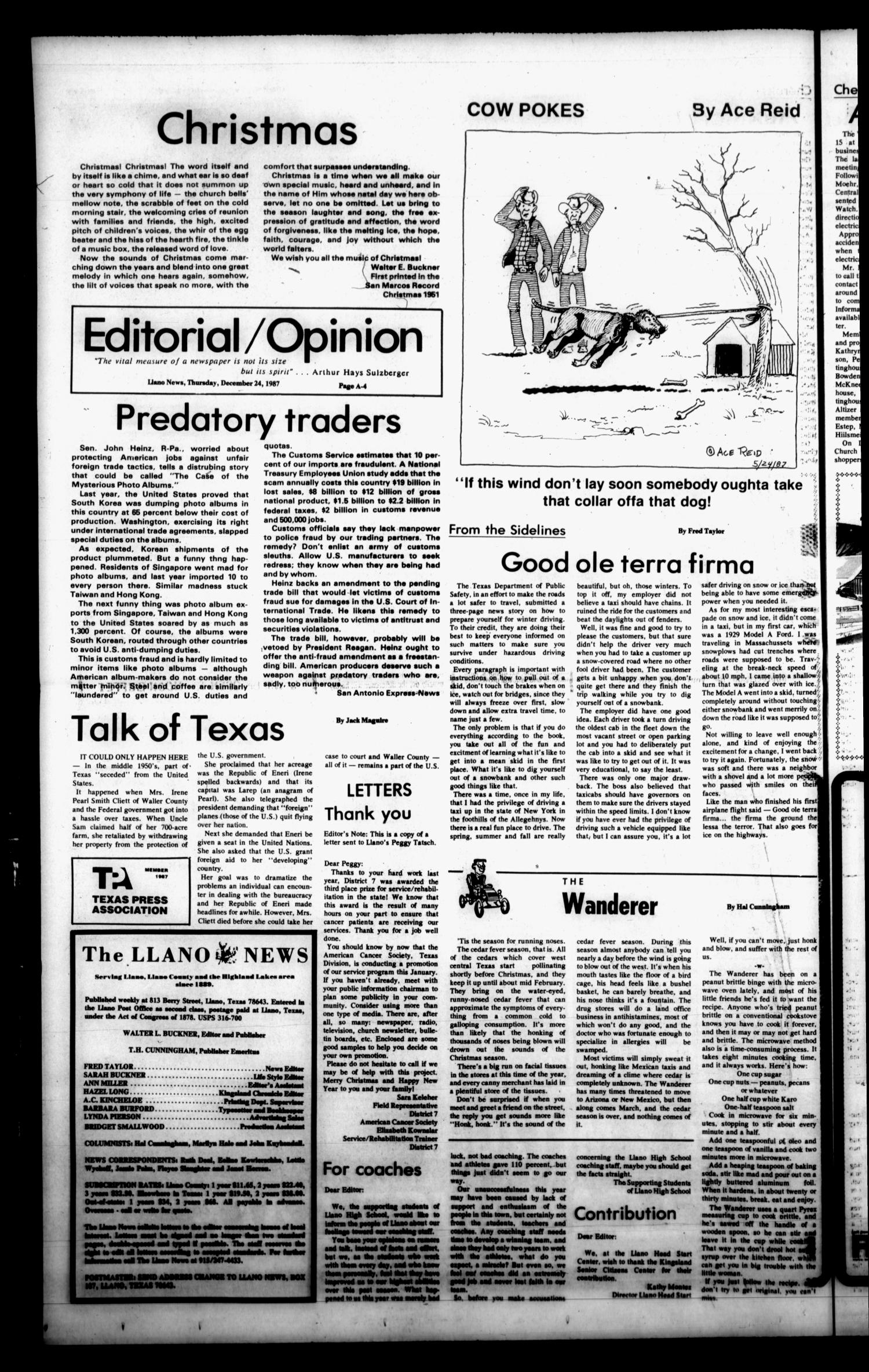 The Llano News (Llano, Tex.), Vol. 97, No. 9, Ed. 1 Thursday, December 24, 1987
                                                
                                                    [Sequence #]: 4 of 34
                                                