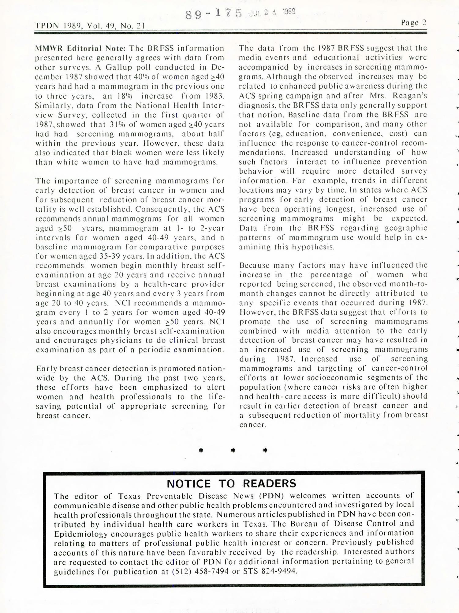 Texas Preventable Disease News, Volume 49, Number 21, May 27, 1989
                                                
                                                    PAGE2
                                                