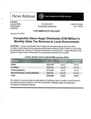 [News Release: Comptroller Distributes Sales Tax Revenue, January 10, 2018]