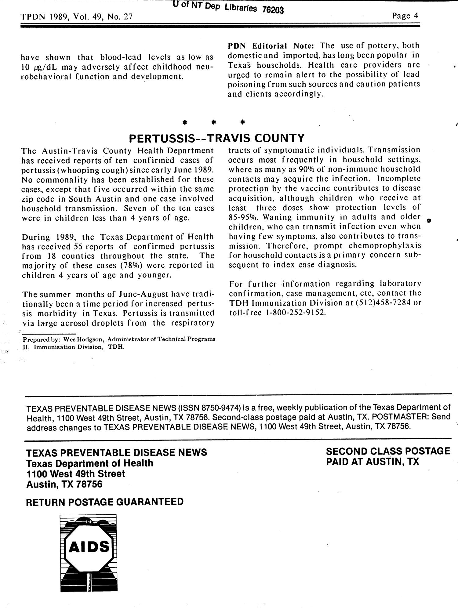 Texas Preventable Disease News, Volume 49, Number 27, July 8, 1989
                                                
                                                    BACK COVER
                                                