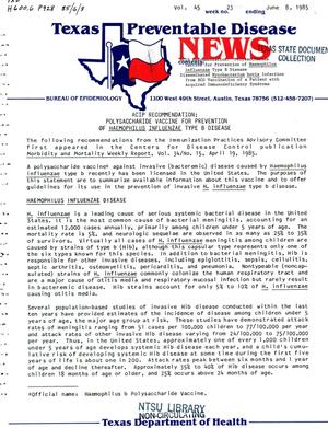 Primary view of object titled 'Texas Preventable Disease News, Volume 45, Number 23, June 8, 1985'.