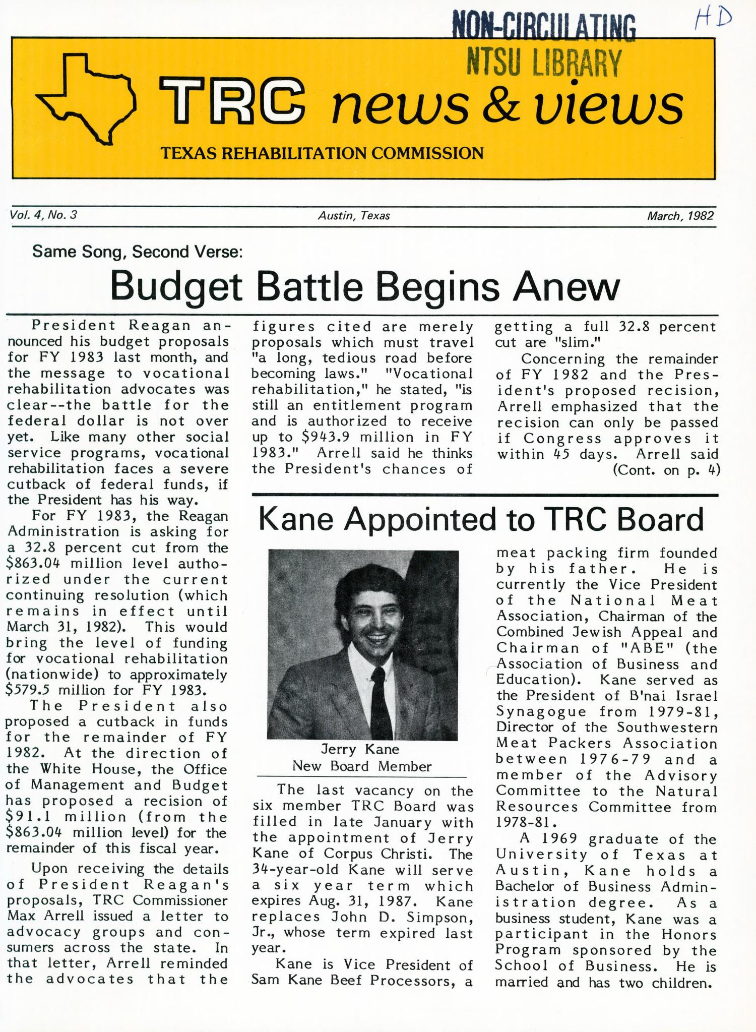 TRC News & Views, Volume 4, Number 3, March 1982
                                                
                                                    FRONT COVER
                                                