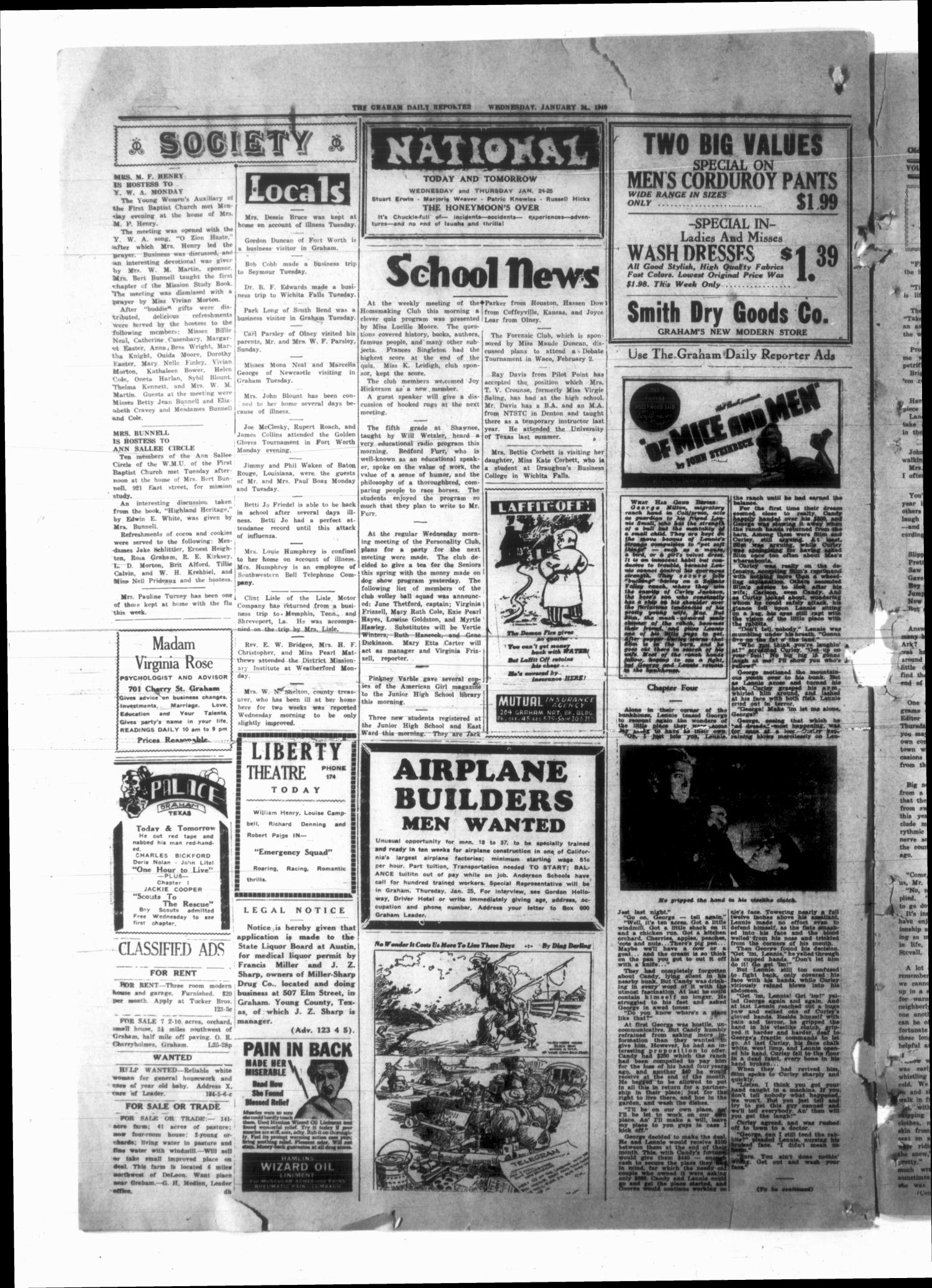 Graham Daily Reporter (Graham, Tex.), Vol. 6, No. 124, Ed. 1 Wednesday, January 24, 1940
                                                
                                                    [Sequence #]: 4 of 4
                                                