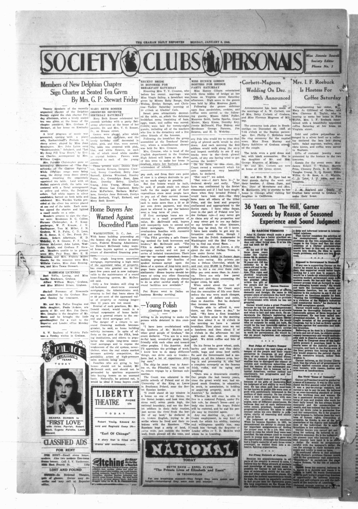 Graham Daily Reporter (Graham, Tex.), Vol. 6, No. 110, Ed. 1 Monday, January 8, 1940
                                                
                                                    [Sequence #]: 4 of 4
                                                