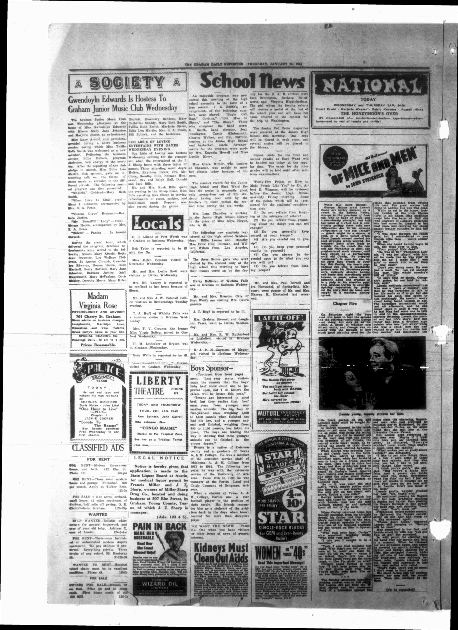 Graham Daily Reporter (Graham, Tex.), Vol. 6, No. 125, Ed. 1 Thursday, January 25, 1940
                                                
                                                    [Sequence #]: 4 of 4
                                                