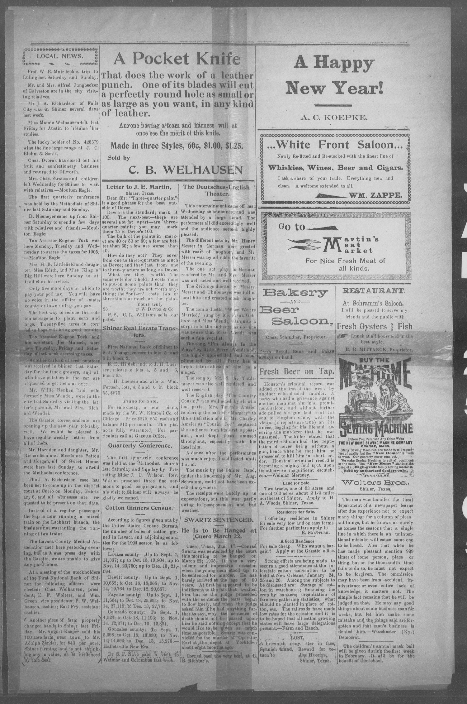 Shiner Gazette. (Shiner, Tex.), Vol. 12, No. 30, Ed. 1, Wednesday, January 25, 1905
                                                
                                                    [Sequence #]: 5 of 8
                                                