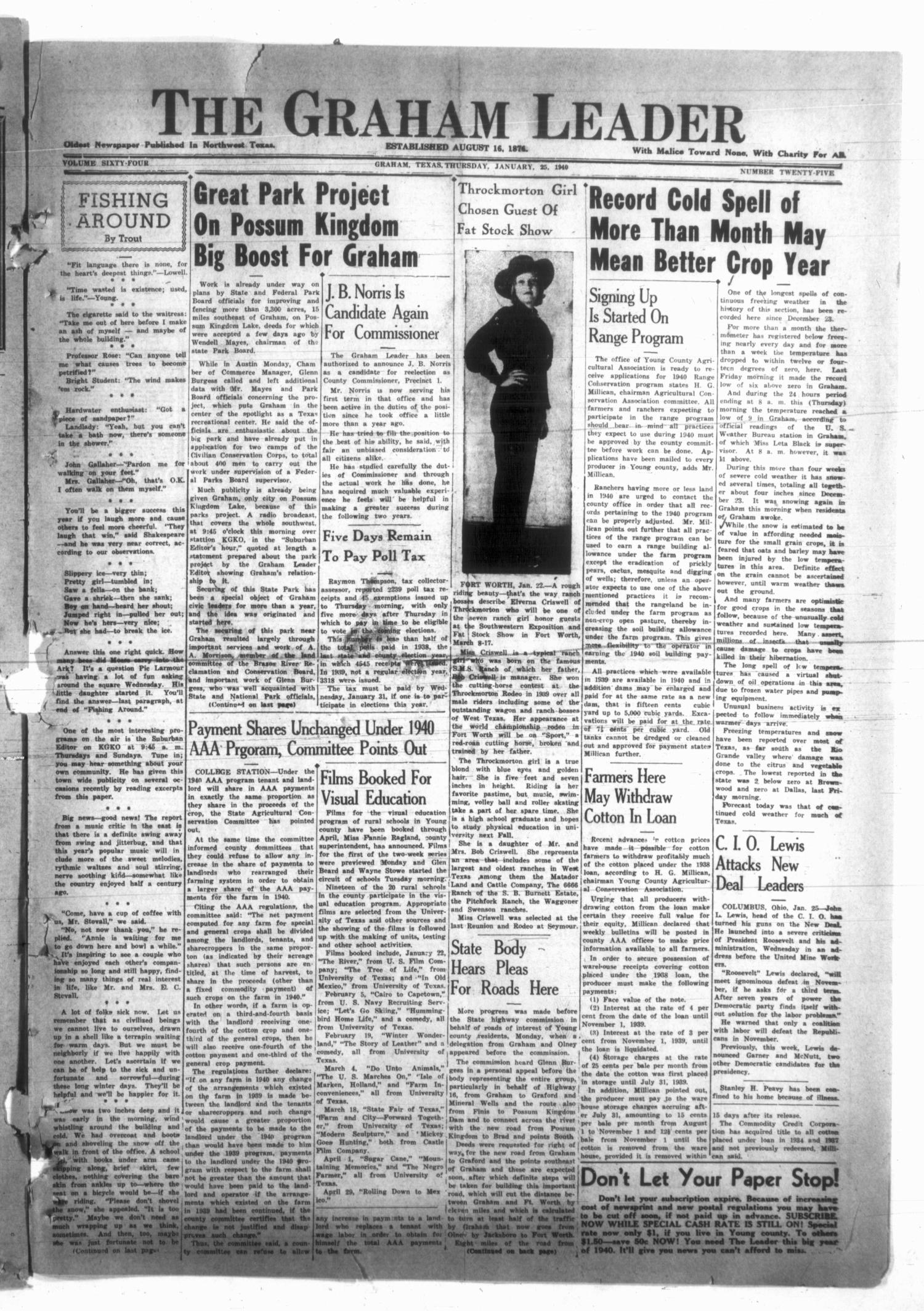 The Graham Leader (Graham, Tex.), Vol. 64, No. 25, Ed. 1 Thursday, January 25, 1940
                                                
                                                    [Sequence #]: 1 of 10
                                                