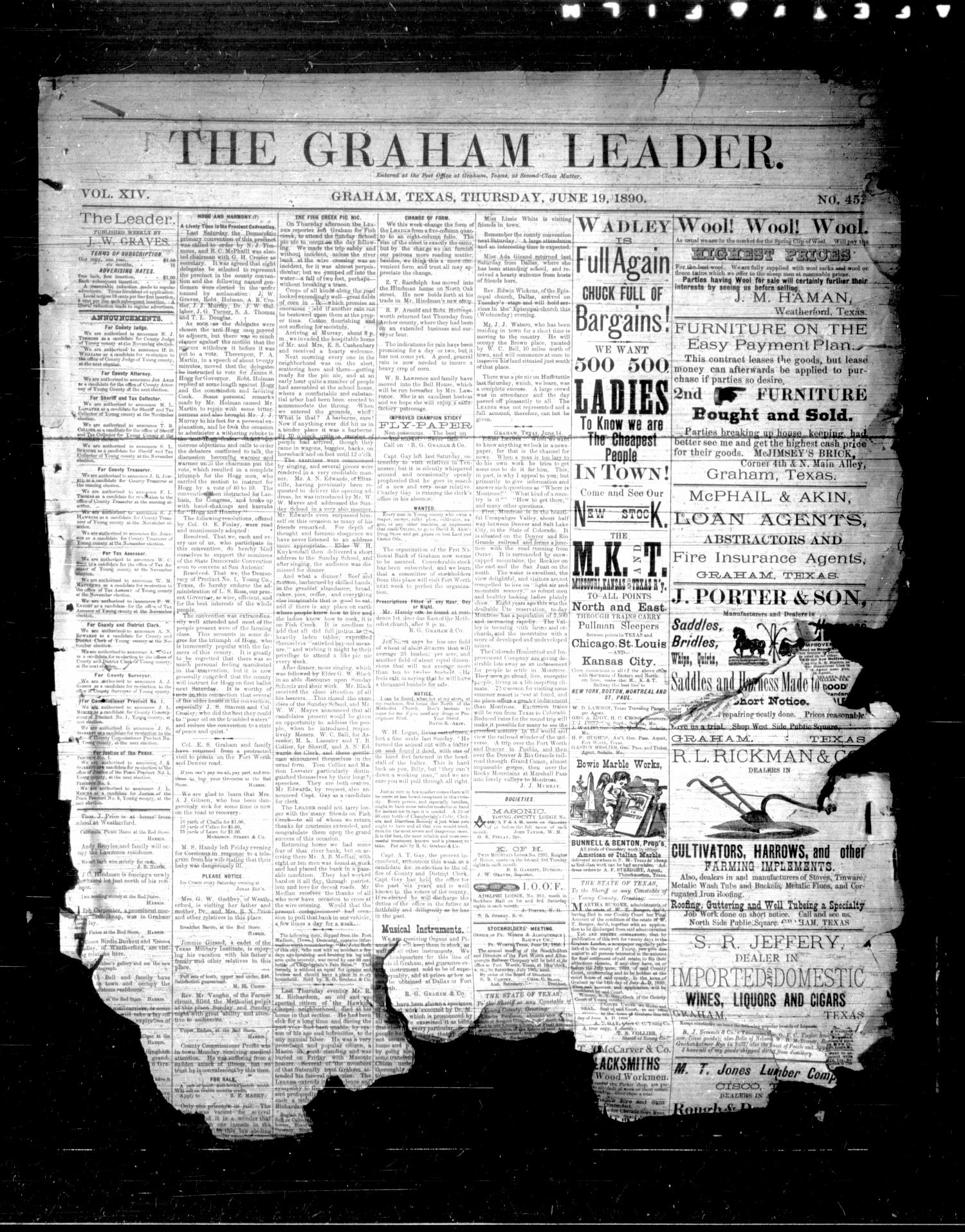 The Graham Leader. (Graham, Tex.), Vol. 14, No. 45, Ed. 1 Thursday, June 19, 1890
                                                
                                                    [Sequence #]: 1 of 4
                                                