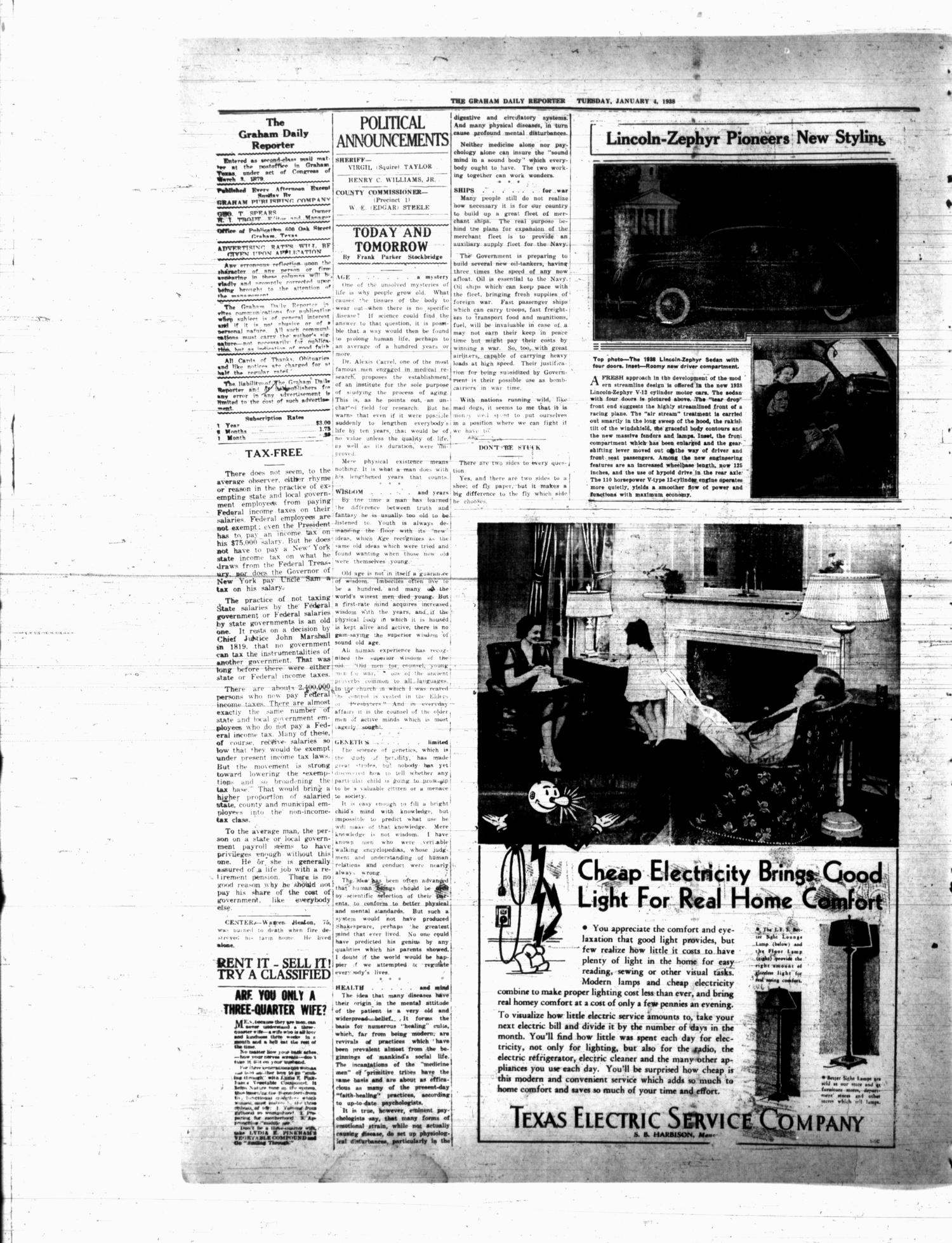 Graham Daily Reporter (Graham, Tex.), Vol. 4, No. 106, Ed. 1 Tuesday, January 4, 1938
                                                
                                                    [Sequence #]: 2 of 4
                                                