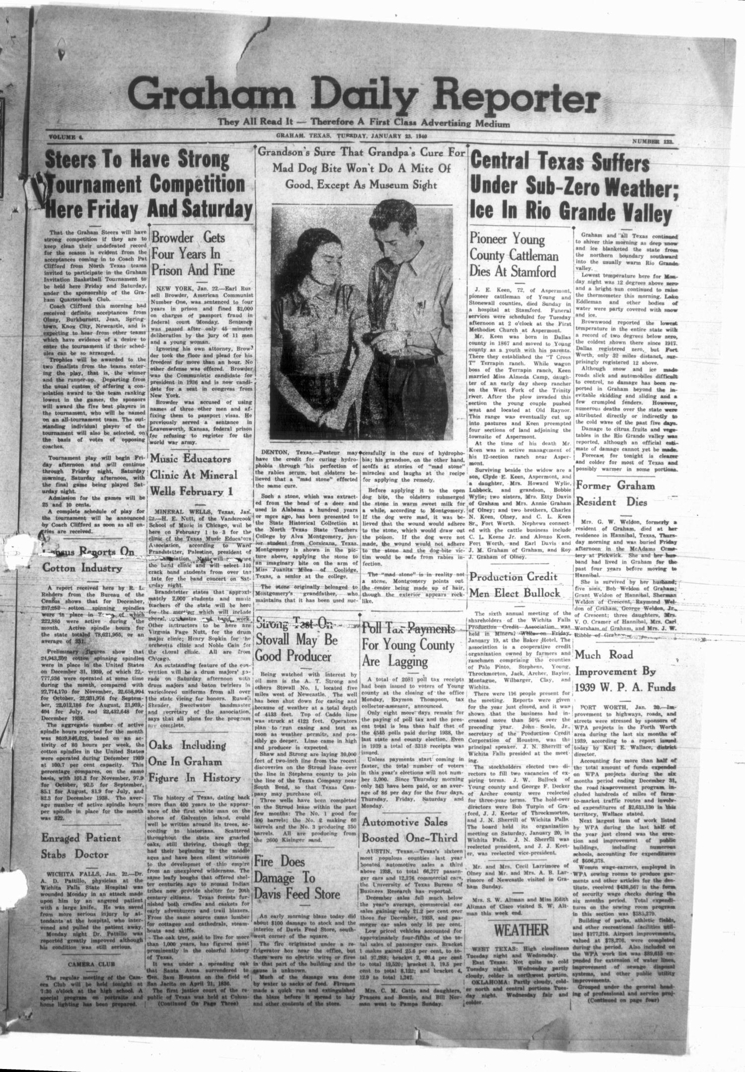 Graham Daily Reporter (Graham, Tex.), Vol. 6, No. 123, Ed. 1 Tuesday, January 23, 1940
                                                
                                                    [Sequence #]: 1 of 4
                                                