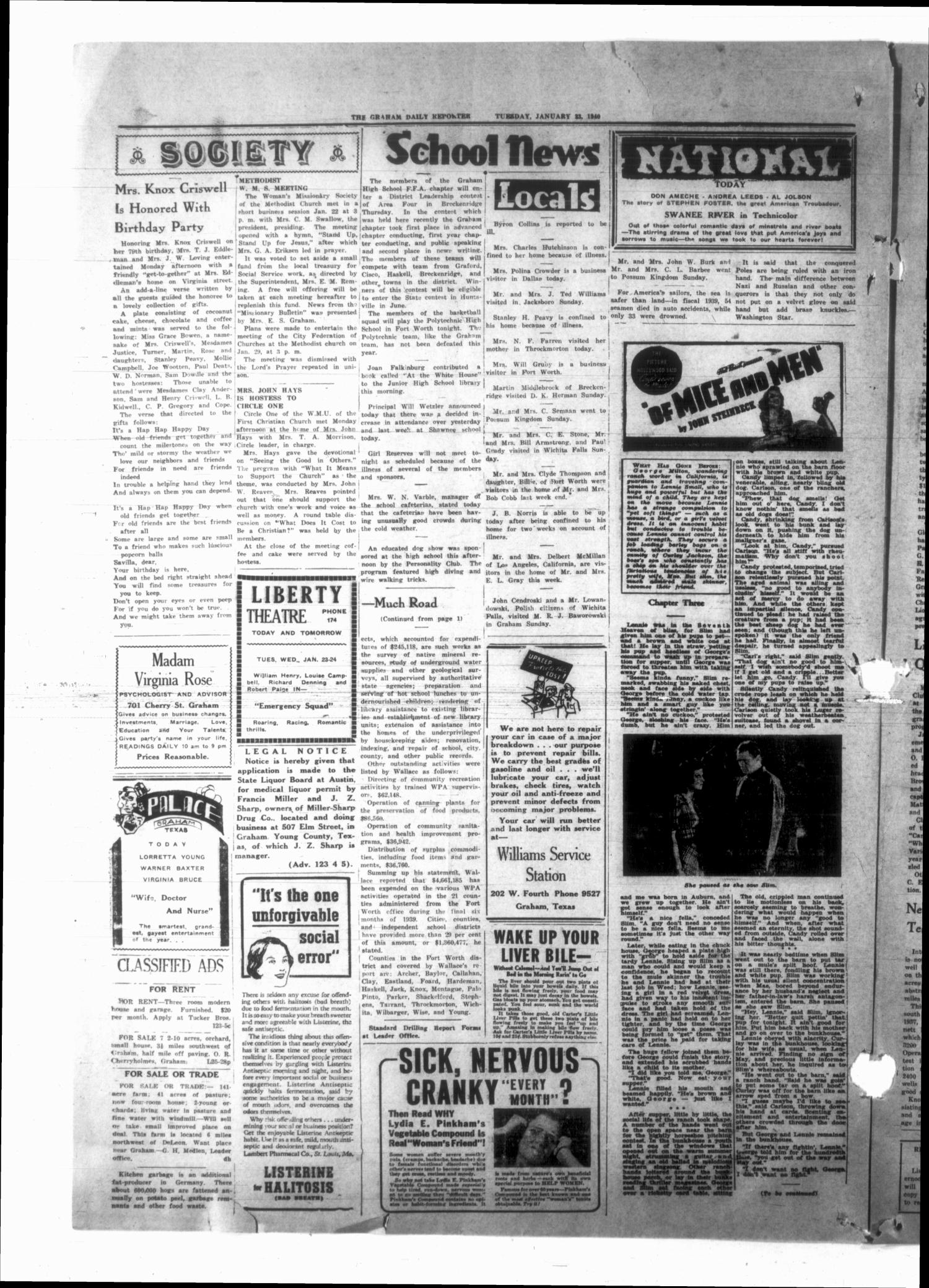 Graham Daily Reporter (Graham, Tex.), Vol. 6, No. 123, Ed. 1 Tuesday, January 23, 1940
                                                
                                                    [Sequence #]: 4 of 4
                                                