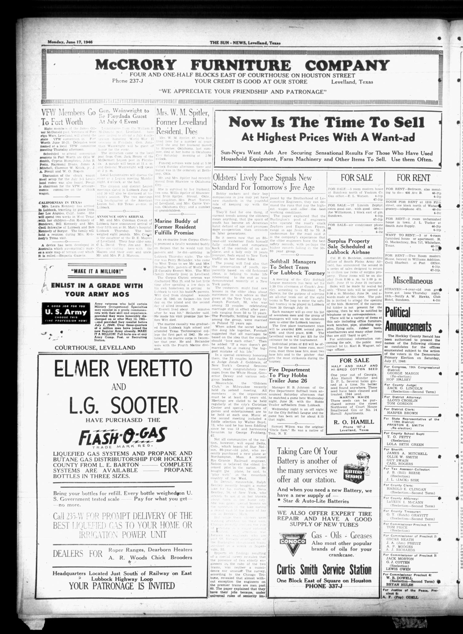 The Sun-News (Levelland, Tex.), Vol. 7, No. 4, Ed. 1 Monday, June 17, 1946
                                                
                                                    [Sequence #]: 4 of 8
                                                