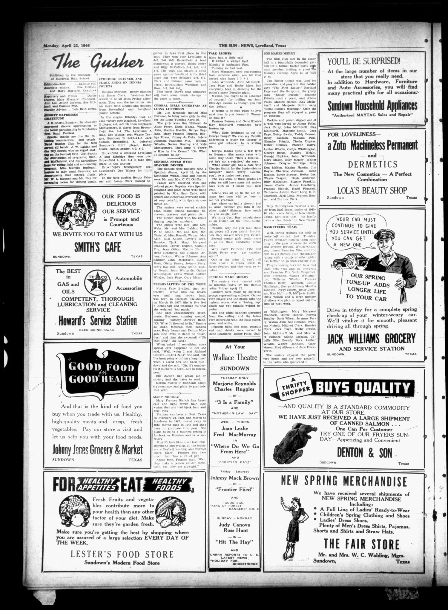 The Sun-News (Levelland, Tex.), Vol. 6, No. 48, Ed. 1 Monday, April 22, 1946
                                                
                                                    [Sequence #]: 2 of 8
                                                