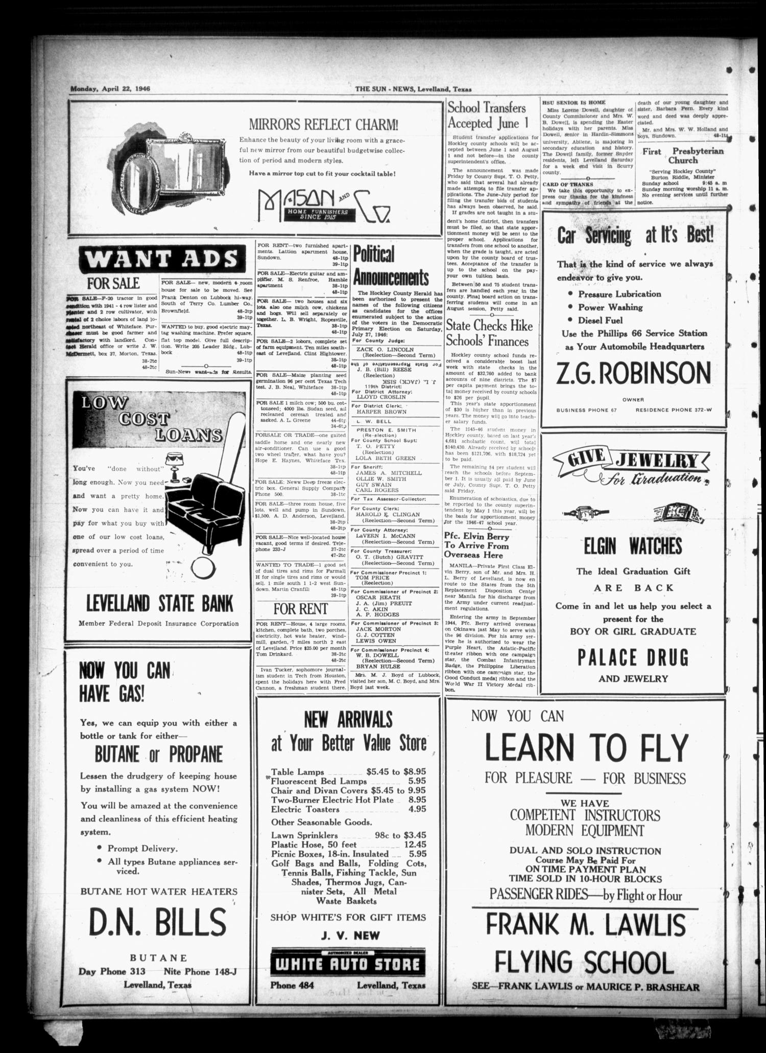 The Sun-News (Levelland, Tex.), Vol. 6, No. 48, Ed. 1 Monday, April 22, 1946
                                                
                                                    [Sequence #]: 4 of 8
                                                