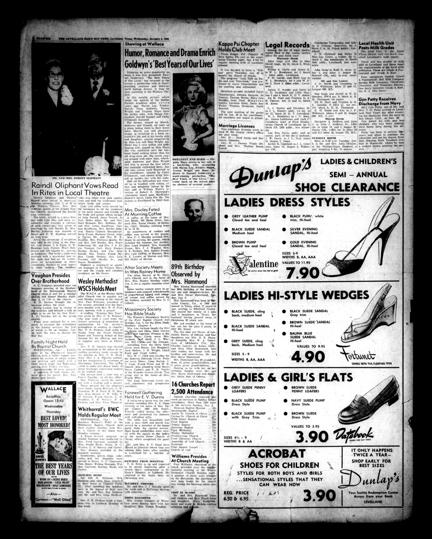 The Levelland Daily Sun News (Levelland, Tex.), Vol. 14, No. 37, Ed. 1 Wednesday, January 5, 1955
                                                
                                                    [Sequence #]: 6 of 6
                                                