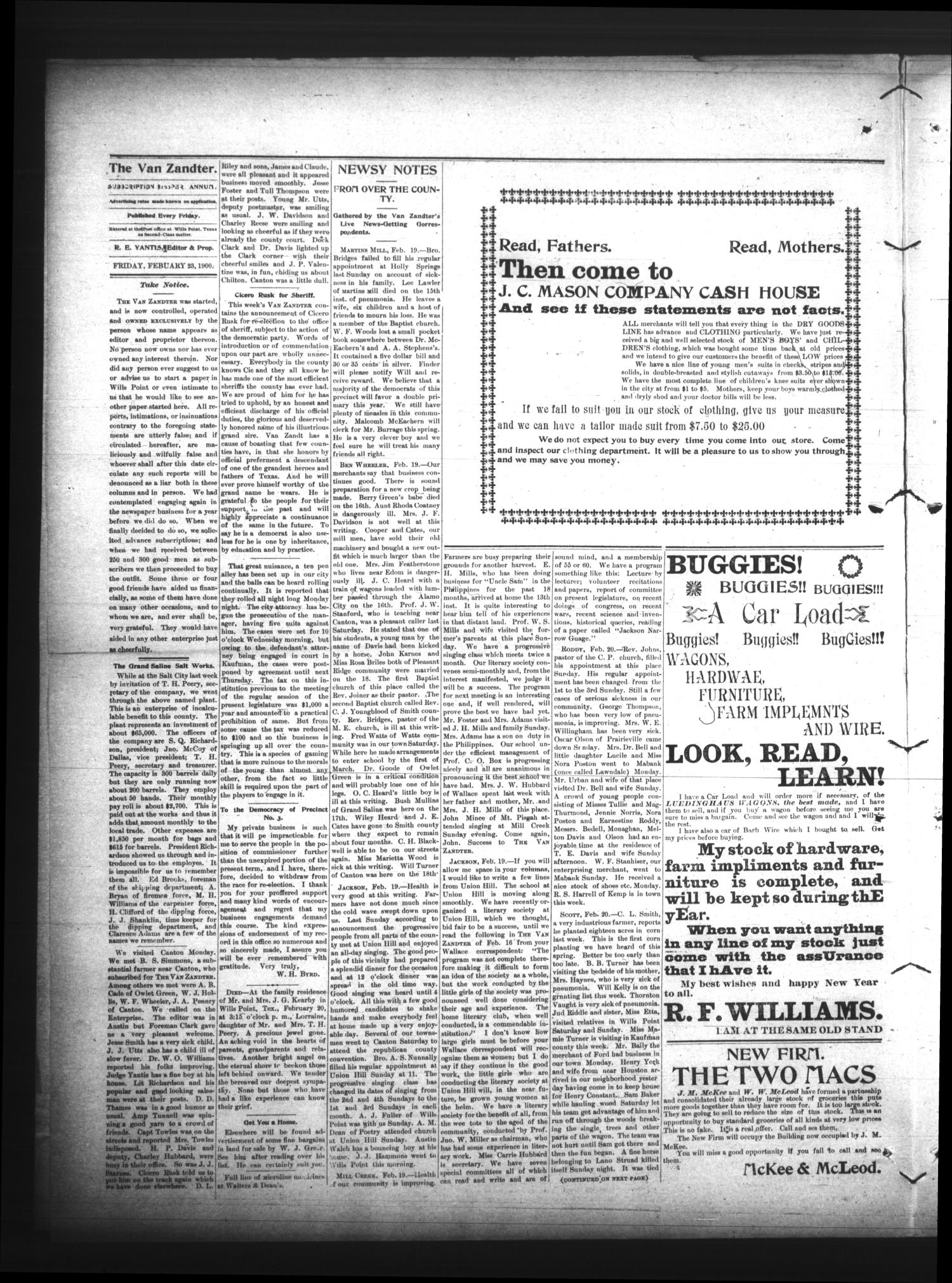 The Van Zandter. (Wills Point, Tex.), Vol. 1, No. 23, Ed. 1 Friday, February 23, 1900
                                                
                                                    [Sequence #]: 4 of 8
                                                