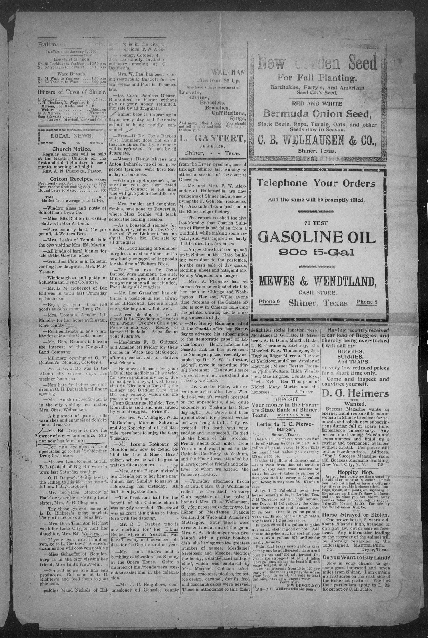 Shiner Gazette. (Shiner, Tex.), Vol. 17, No. 8, Ed. 1, Thursday, September 30, 1909
                                                
                                                    [Sequence #]: 5 of 8
                                                
