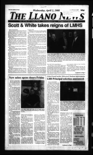 Primary view of object titled 'The Llano News (Llano, Tex.), Vol. 121, No. 27, Ed. 1 Wednesday, April 2, 2008'.