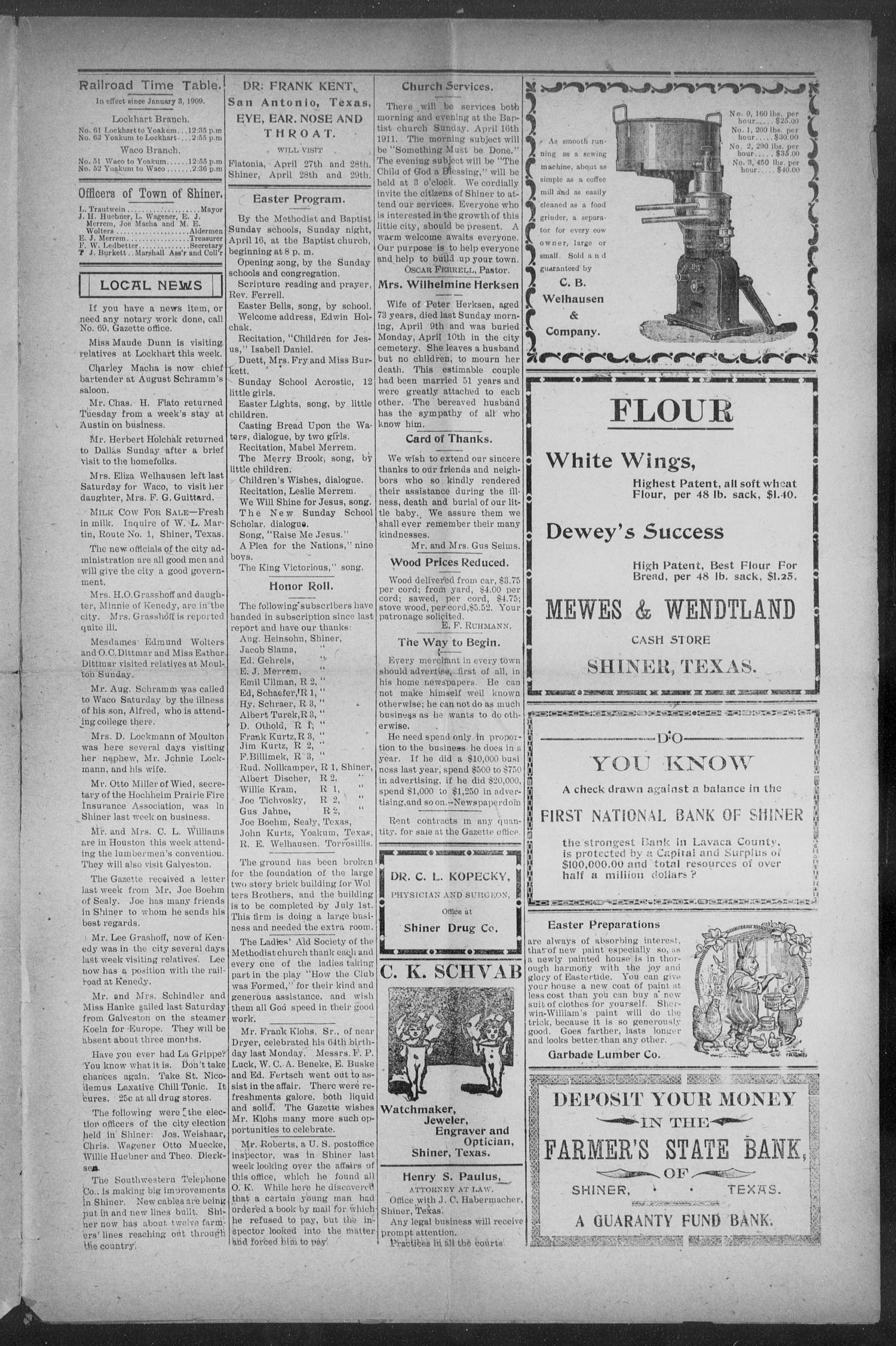 Shiner Gazette. (Shiner, Tex.), Vol. 18, No. 34, Ed. 1, Thursday, April 13, 1911
                                                
                                                    [Sequence #]: 5 of 8
                                                