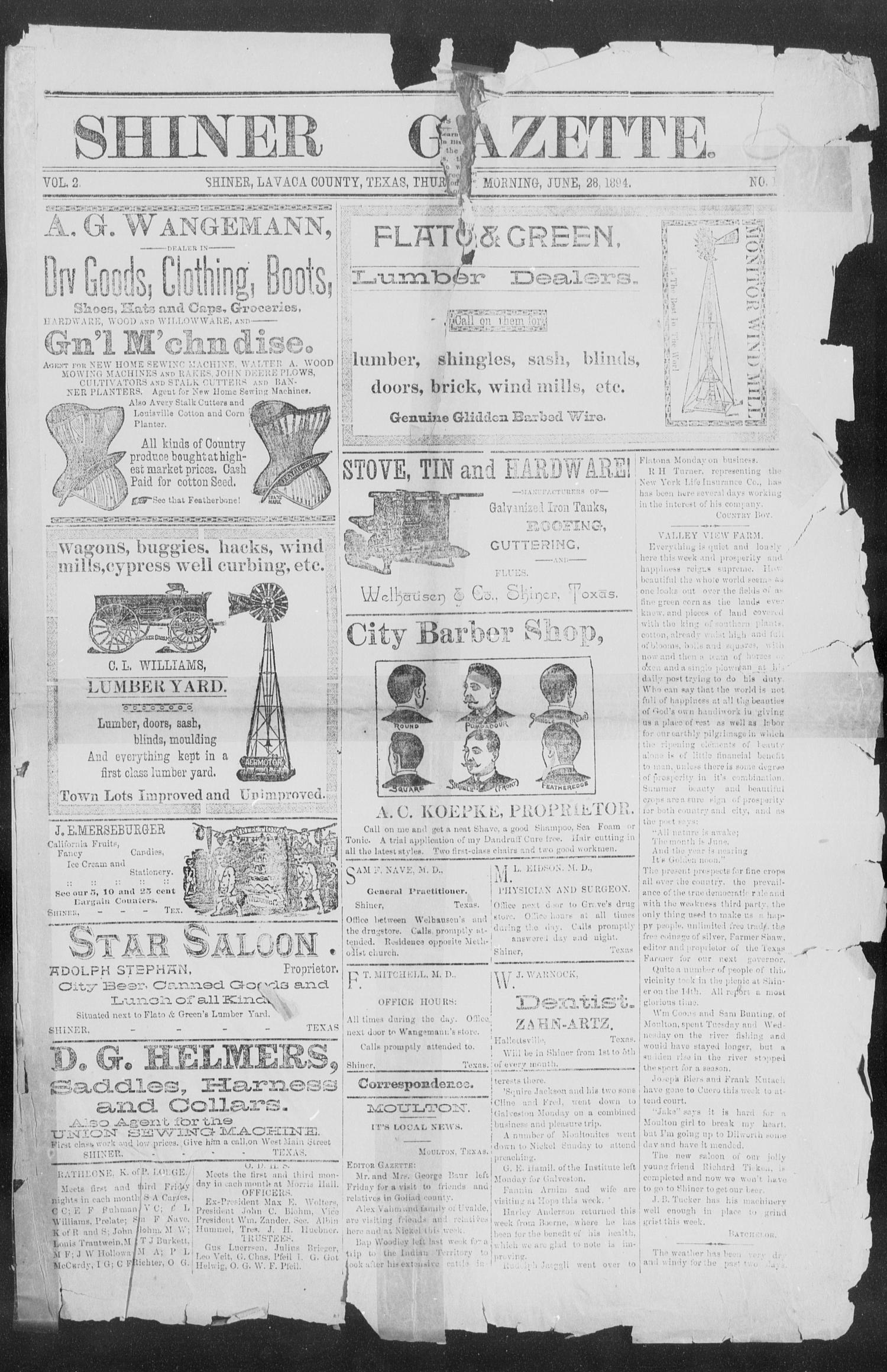 Shiner Gazette. (Shiner, Tex.), Vol. 2, No. 1, Ed. 1, Thursday, June 28, 1894
                                                
                                                    [Sequence #]: 1 of 8
                                                