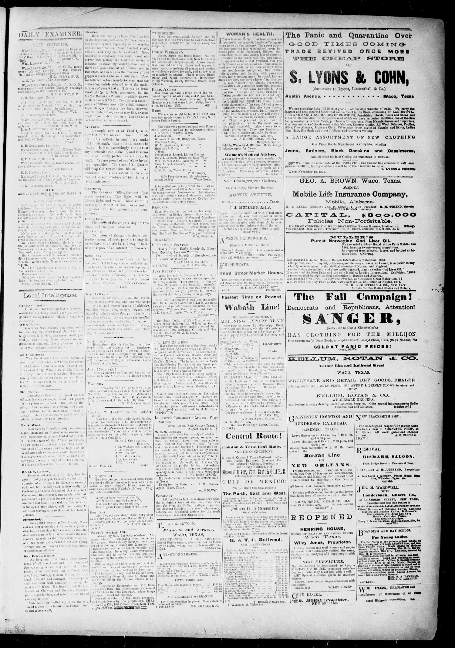 The Waco Daily Examiner. (Waco, Tex.), Vol. 2, No. 100, Ed. 1, Saturday, February 28, 1874
                                                
                                                    [Sequence #]: 3 of 4
                                                