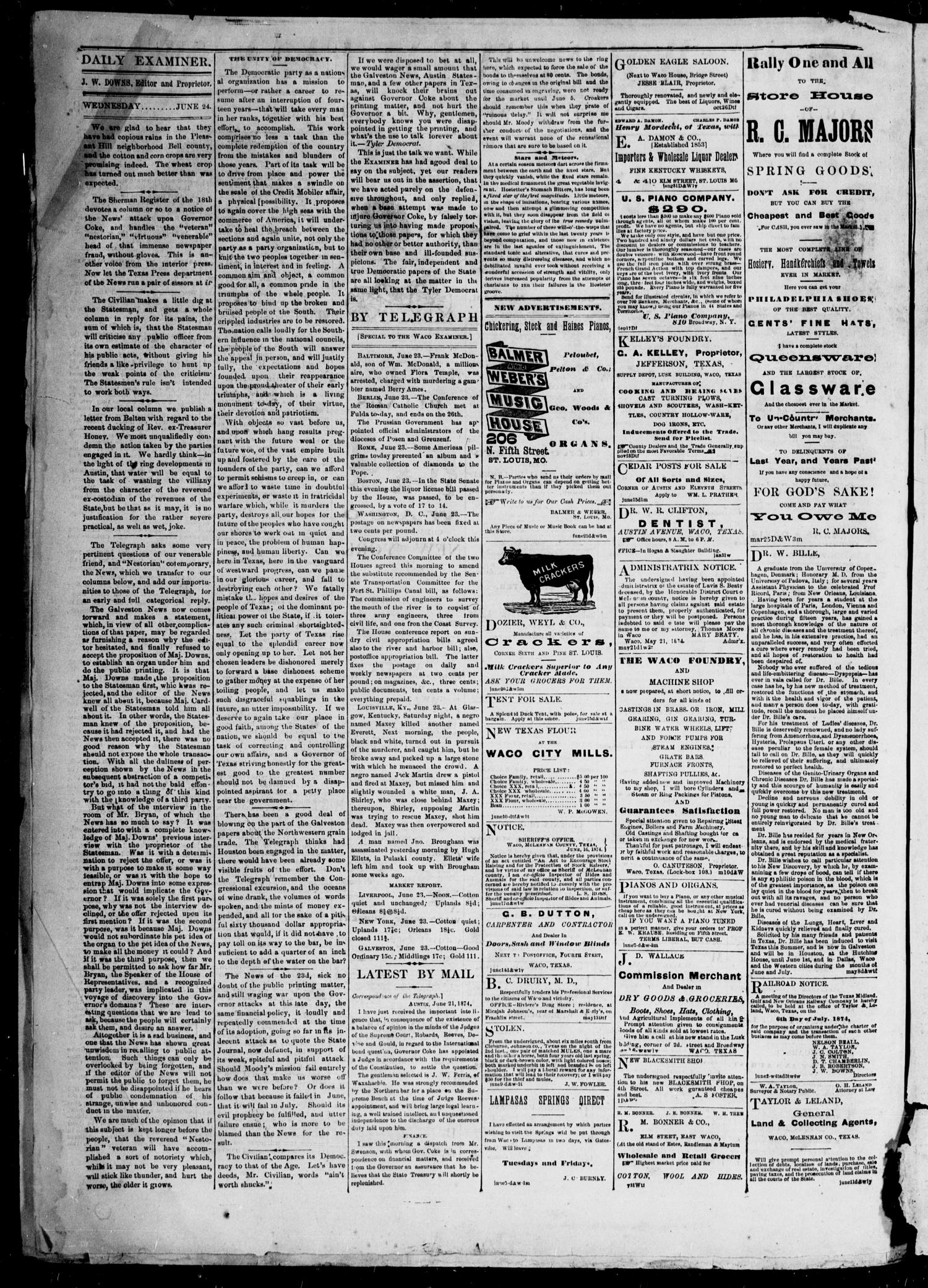 The Waco Daily Examiner. (Waco, Tex.), Vol. 2, No. 199, Ed. 1, Wednesday, June 24, 1874
                                                
                                                    [Sequence #]: 2 of 4
                                                