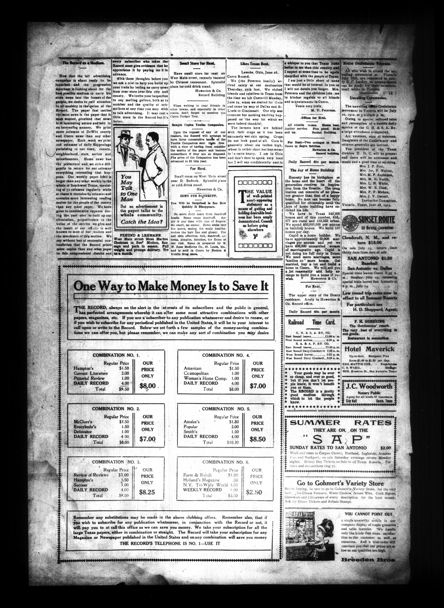 The Cuero Daily Record (Cuero, Tex.), Vol. 37, No. 5, Ed. 1 Sunday, July 7, 1912
                                                
                                                    [Sequence #]: 6 of 8
                                                