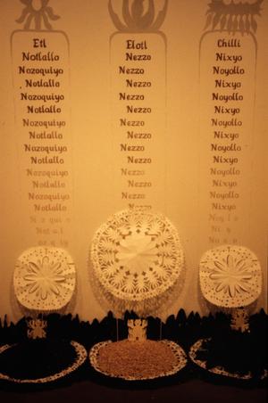 Primary view of object titled '[Paper Snowflakes and Nahuatl Text]'.