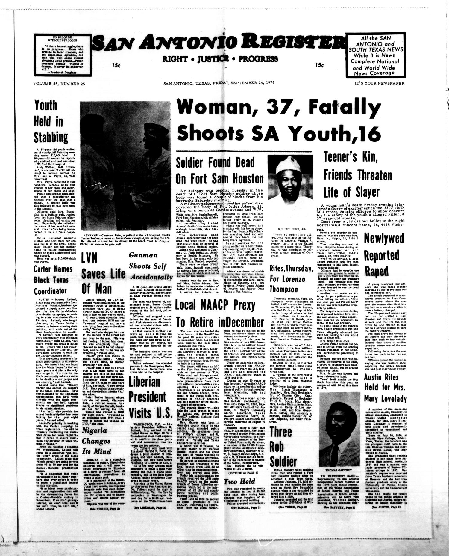San Antonio Register (San Antonio, Tex.), Vol. 45, No. 25, Ed. 1 Friday, September 24, 1976
                                                
                                                    [Sequence #]: 1 of 10
                                                