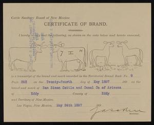 Cattle Sanitary Board of New Mexico: Certificate of Brand, May 24, 1897