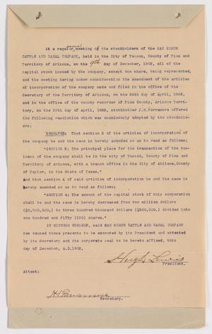 Primary view of object titled '[Amendments to Articles of Incorporation of San Simon Cattle and Canal Co.]'.