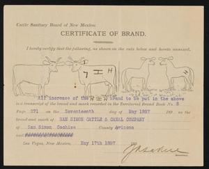Primary view of object titled 'Cattle Sanitary Board of New Mexico: Certificate of Brand, May 17, 1897'.