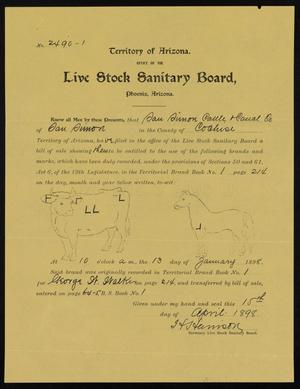 Primary view of object titled '[Arizona Livestock Sanitary Board Certificate of Brand]'.