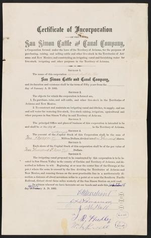 Primary view of object titled 'Certificate of Incorporation of the San Simon Cattle and Canal Company'.