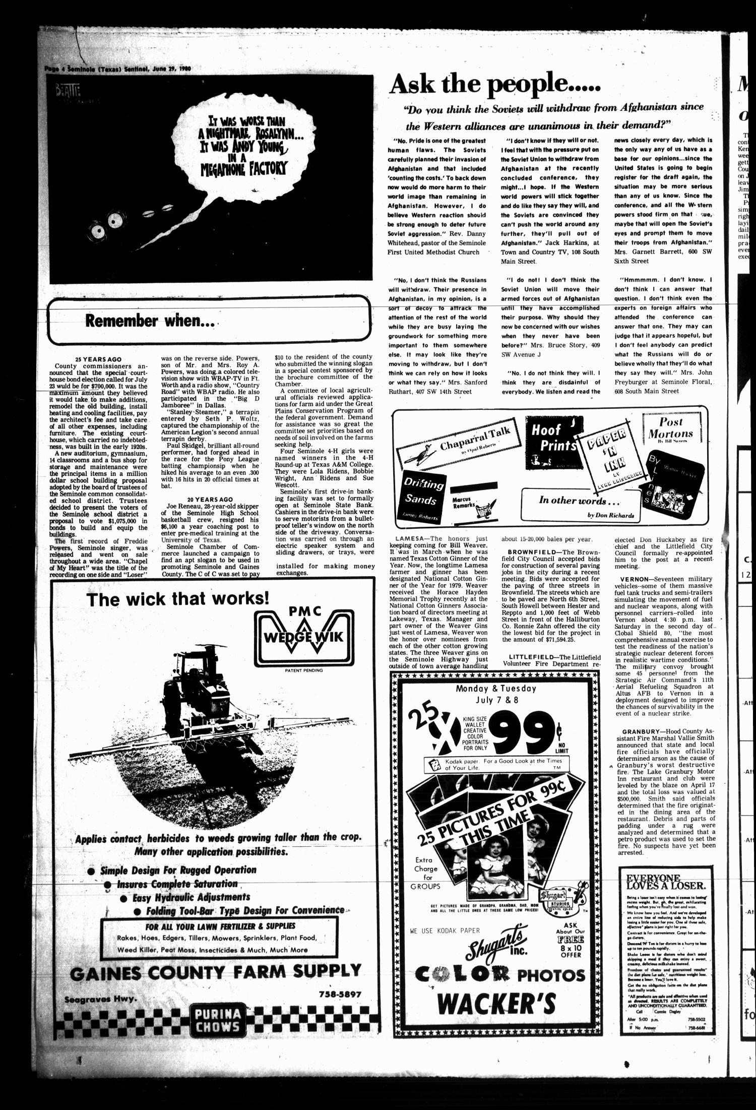 Seminole Sentinel (Seminole, Tex.), Vol. 73, No. 69, Ed. 1 Sunday, June 29, 1980
                                                
                                                    [Sequence #]: 4 of 10
                                                