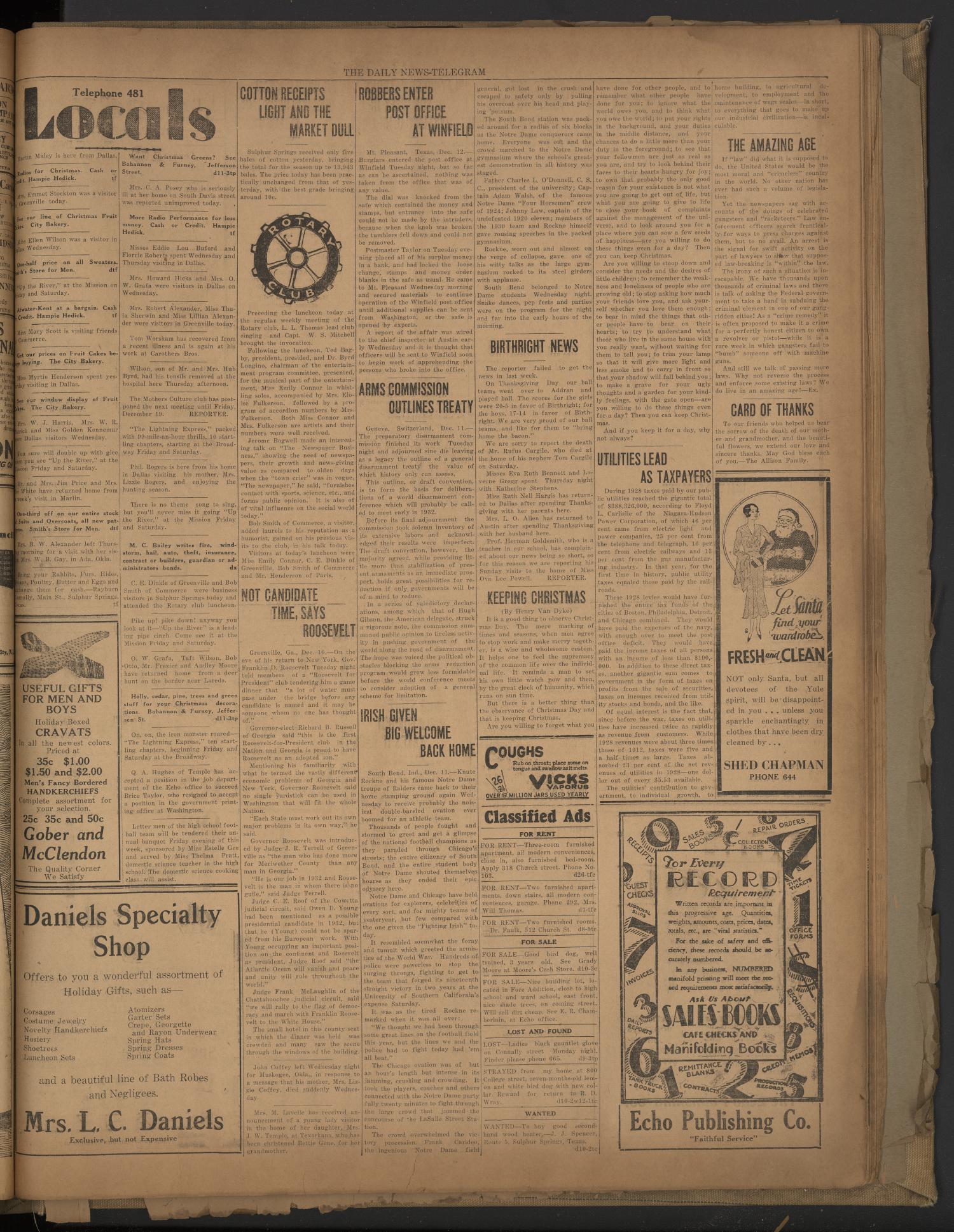The Daily News-Telegram (Sulphur Springs, Tex.), Vol. 32, No. 294, Ed. 1 Thursday, December 11, 1930
                                                
                                                    [Sequence #]: 3 of 4
                                                