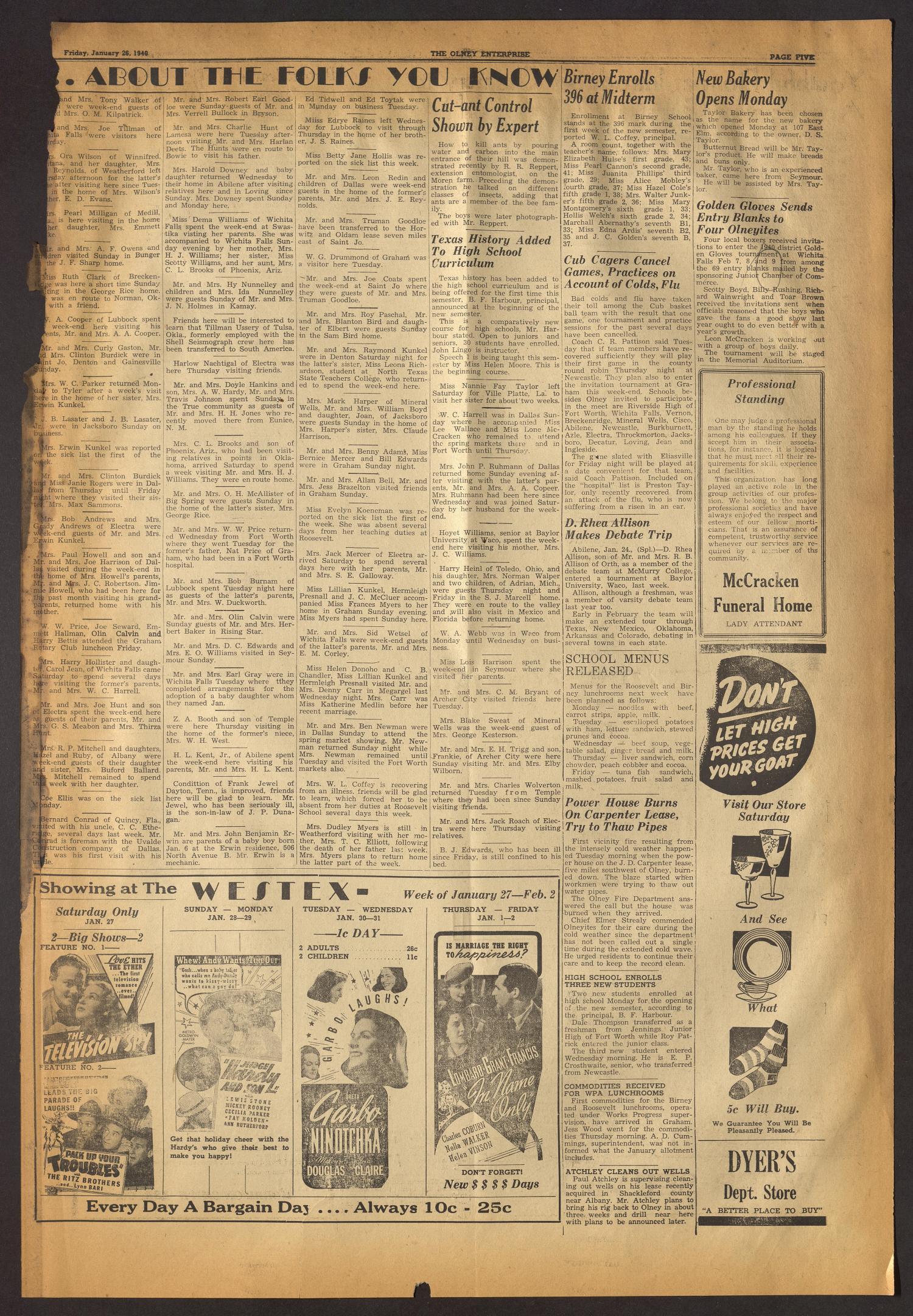The Olney Enterprise (Olney, Tex.), Vol. 29, No. 47, Ed. 1 Friday, January 26, 1940
                                                
                                                    [Sequence #]: 5 of 8
                                                