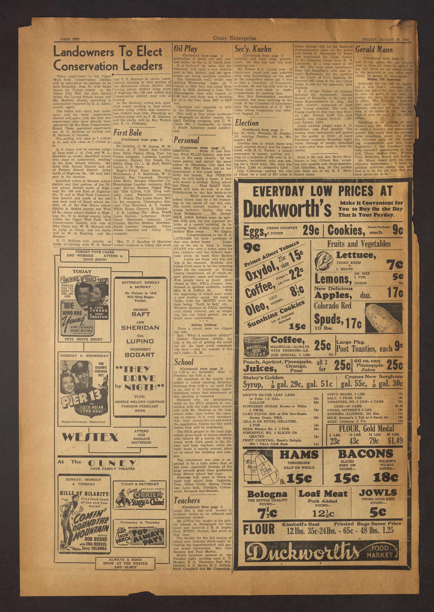 The Olney Enterprise (Olney, Tex.), Vol. 30, No. 26, Ed. 1 Friday, August 30, 1940
                                                
                                                    [Sequence #]: 10 of 10
                                                