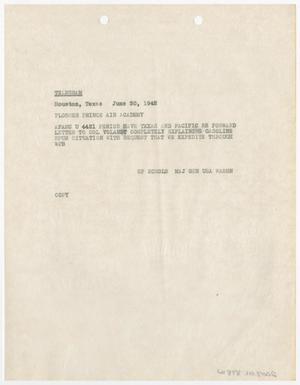 Primary view of object titled '[Telegram from O. P. Echols to Plosser Prince Air Academy, June 30, 1942]'.