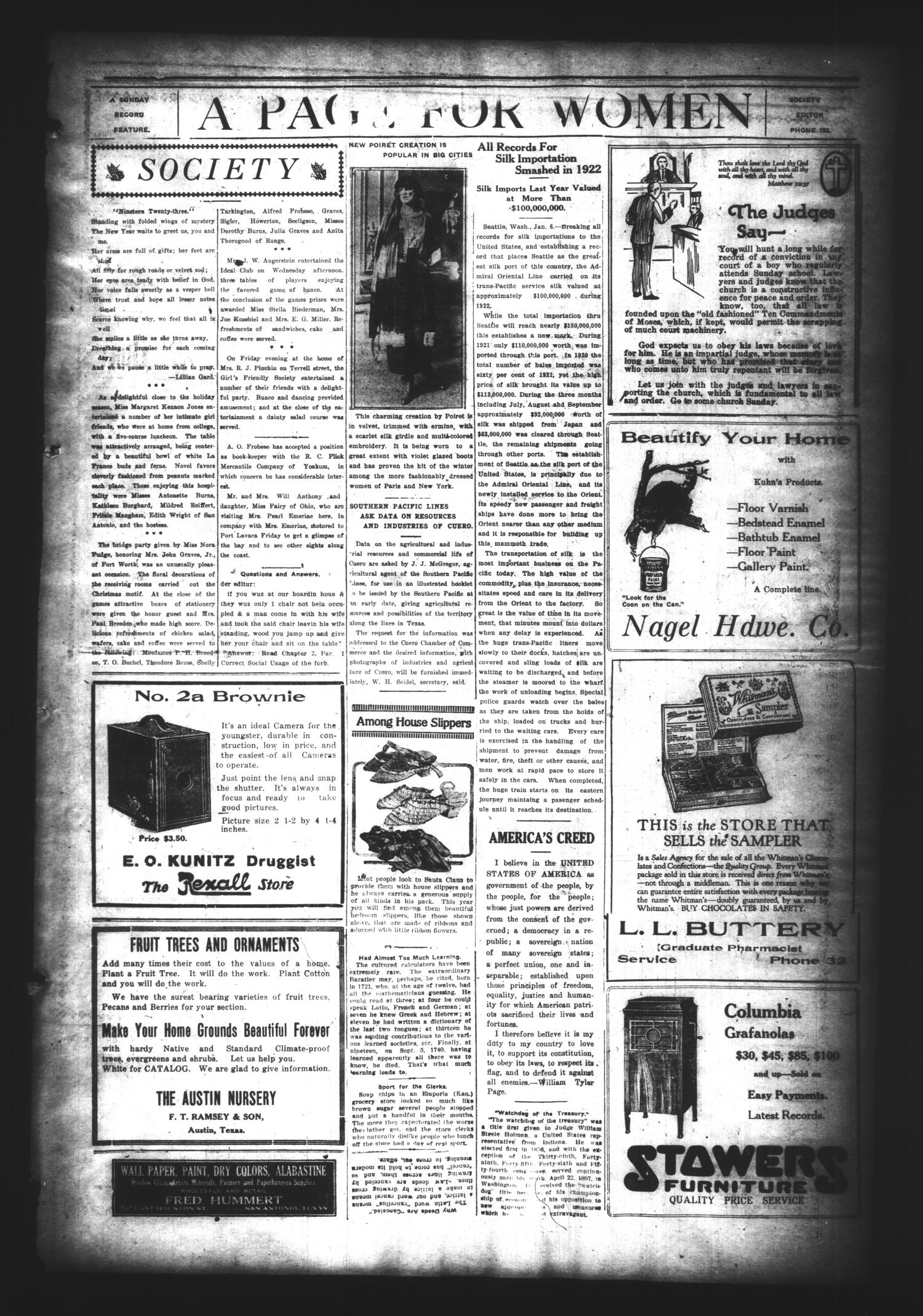 The Cuero Daily Record (Cuero, Tex.), Vol. 58, No. 5, Ed. 1 Sunday, January 7, 1923
                                                
                                                    [Sequence #]: 3 of 8
                                                
