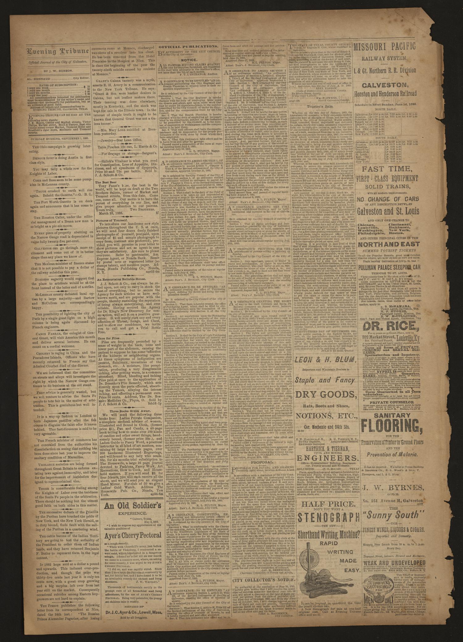 Evening Tribune. (Galveston, Tex.), Vol. 5, No. 208, Ed. 1 Tuesday, September 1, 1885
                                                
                                                    [Sequence #]: 2 of 4
                                                